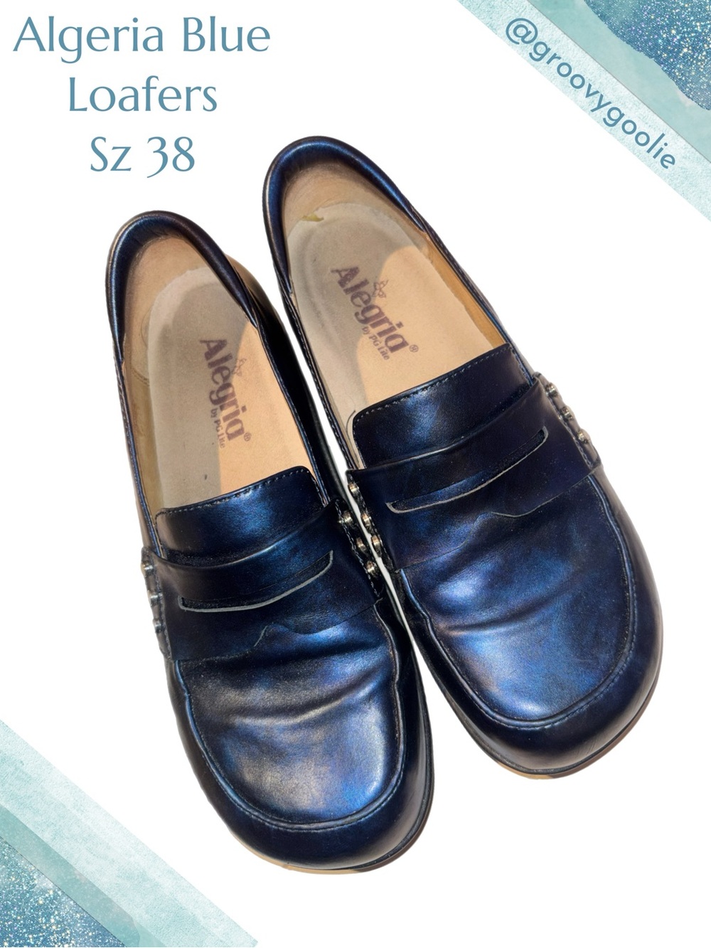 Alegria Taylor Penny Loafers in Metallic Navy Blue Sz 38